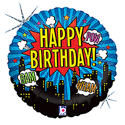 Comic-style colorful Happy Birthday balloon with sound effects.