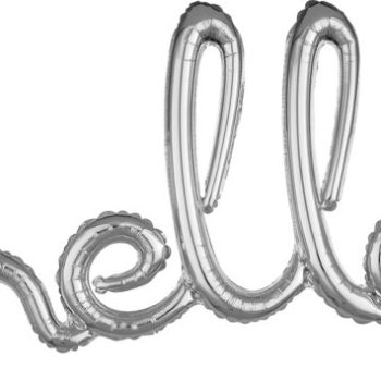 Silver balloon spelling out 'hello' in cursive style.