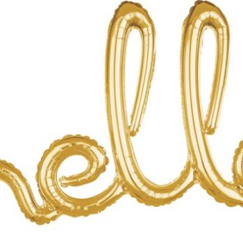 Gold balloon spelling out 'hello' on a white background.