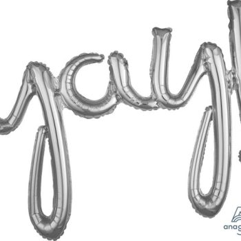 Silver balloon letters spelling 'yay'.