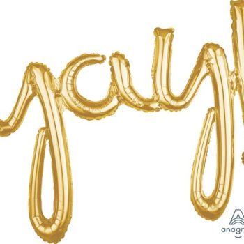 Gold foil balloon letters spelling 'yay'.