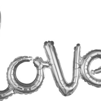 Silver balloon letters spelling 'love' on a white background.