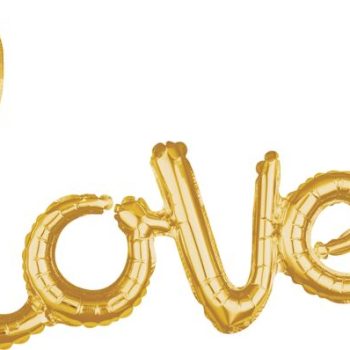Gold balloon letters spelling 'love' on a white background.
