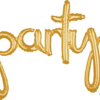 Golden balloon letters spelling 'party' on a white background.