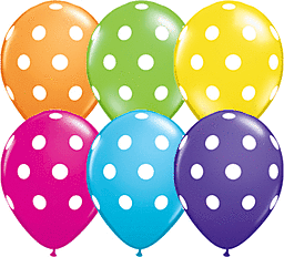 Colorful polka dot balloons in various bright colors.