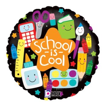 Colorful school supplies surrounding a star with 'School is Cool' text.