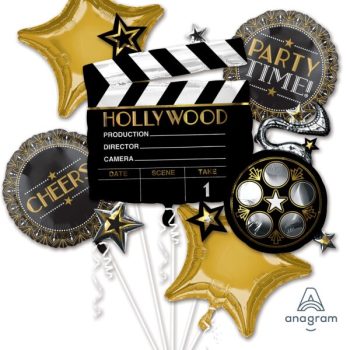 Hollywood-themed party balloons with film reels and a clapboard.