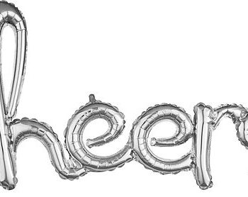 Silver foil balloons spelling "cheers" in a playful font.