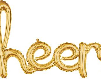 Gold balloon letters spelling 'Cheers' on a white background.