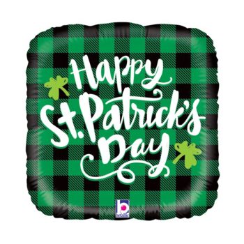 Green plaid balloon with Happy St. Patrick's Day message and shamrocks.