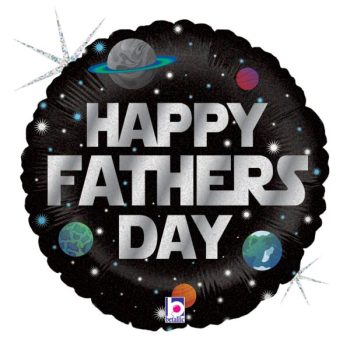 A shiny balloon with 'Happy Father's Day' text and planet designs.