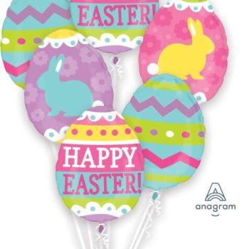 Easter balloons with colorful bunny designs.