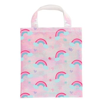Pink tote bag with rainbow and cloud pattern.
