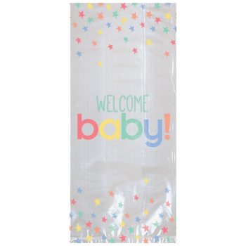 A colorful 'Welcome baby!' banner with confetti design.