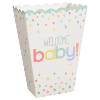A colorful party favor box with 'Welcome baby!' text and star decorations.