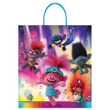 Colorful cartoon trolls dancing with musical notes.