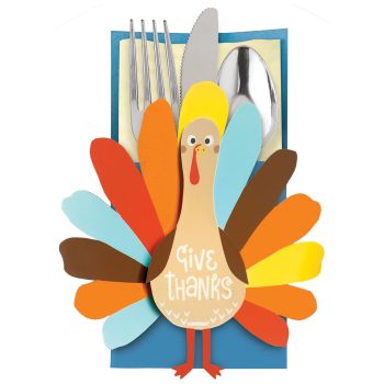 Turkey-shaped cutlery holder with "Give Thanks".