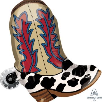 A cowboy boot with a red, blue, and beige upper and cowhide pattern on the lower part.