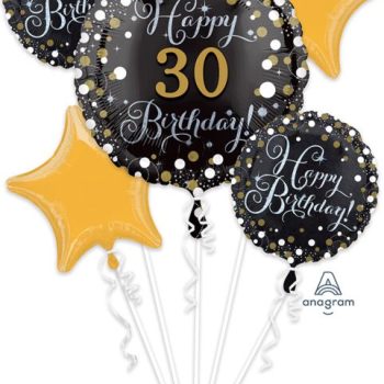 Black and gold 30th birthday balloons bouquet.