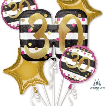 Gold and black "30" birthday balloons.