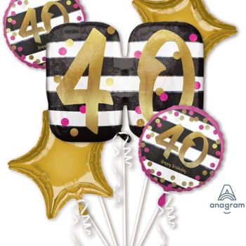 A bouquet of 40th birthday themed balloons with gold stars and number 40.