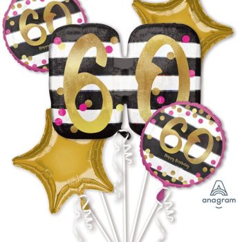 Gold and black 60th birthday balloons.