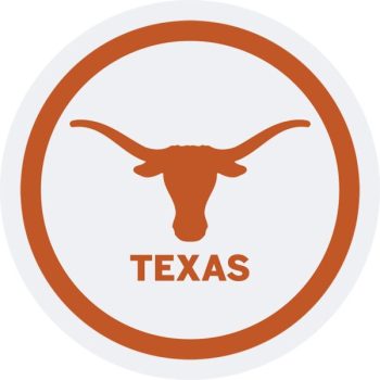 Texas longhorn logo in orange circle.
