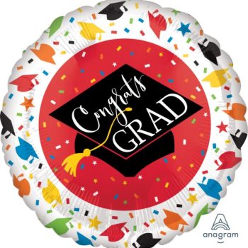 Graduation balloon with colorful confetti design.