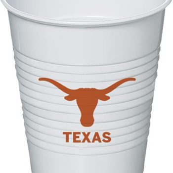 White plastic cup with Texas Longhorns logo and text.