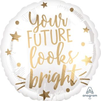 A white balloon with gold stars and lettering saying 'Your future looks bright.'