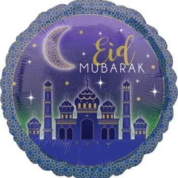Decorative Eid Mubarak greeting with mosque silhouette and crescent moon.