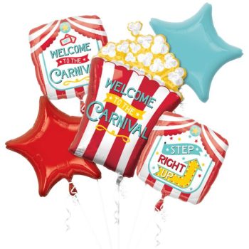 Colorful popcorn and star-shaped balloons for a festive party.