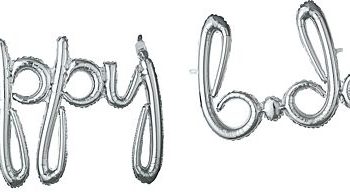 Silver balloon letters spelling 'boy b'.