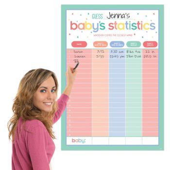 Woman pointing at a colorful baby statistics chart on the wall.