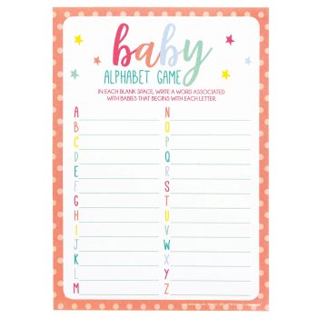 Colorful baby alphabet game card with letters and space for names.