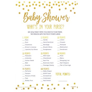 A gold-themed baby shower word scramble game with festive confetti.