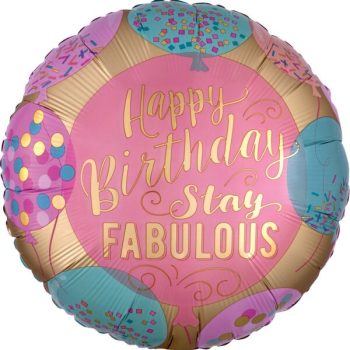A colorful birthday balloon with 'Happy Birthday Stay Fabulous' message.