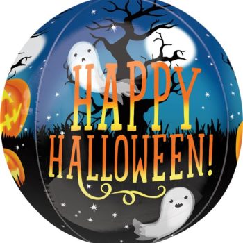 Happy Halloween sign with ghosts and pumpkins.