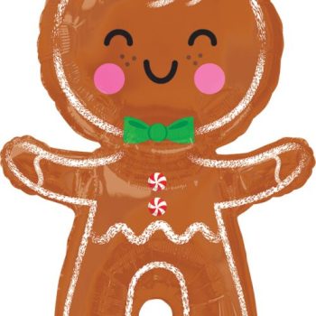 Smiling gingerbread man with green bow tie.