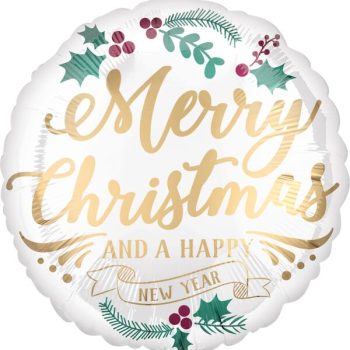 Merry Christmas balloon with festive holly design.