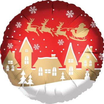 Santa sleigh, reindeer over snowy village scene.