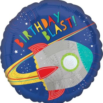 Colorful birthday balloon with a rocket and stars design.