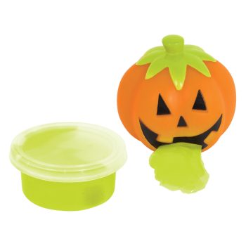 Pumpkin toy with green slime and container.