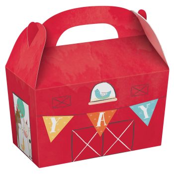 Red barn-themed gift box with handle.