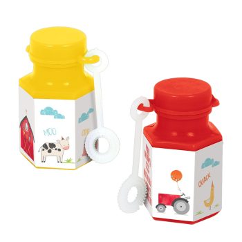 Yellow and red bubble bottles with farm designs.