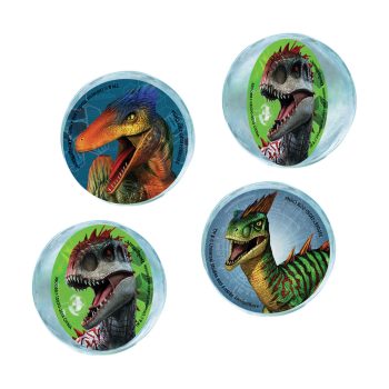 Four colorful dinosaur images on circular backgrounds.