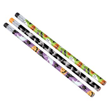 Halloween-themed pencils with ghost and pumpkin designs.