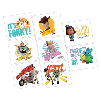 Toy characters with colorful text slogans.