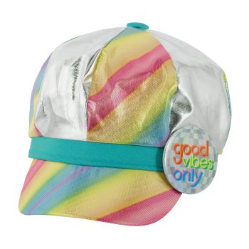 Colorful pastel rainbow cap with a "good vibes only" badge.