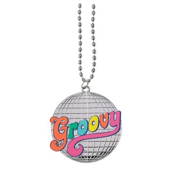 A retro disco ball pendant with colorful 'Groovy' text.